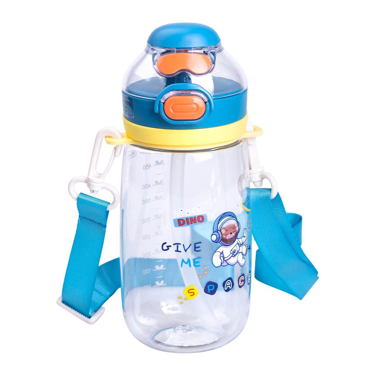 Пляшка для води дитяча 550 мл з ремінцем і трубочкою для спорту та школи 20 см Синя HP-14-45BL, фото 1