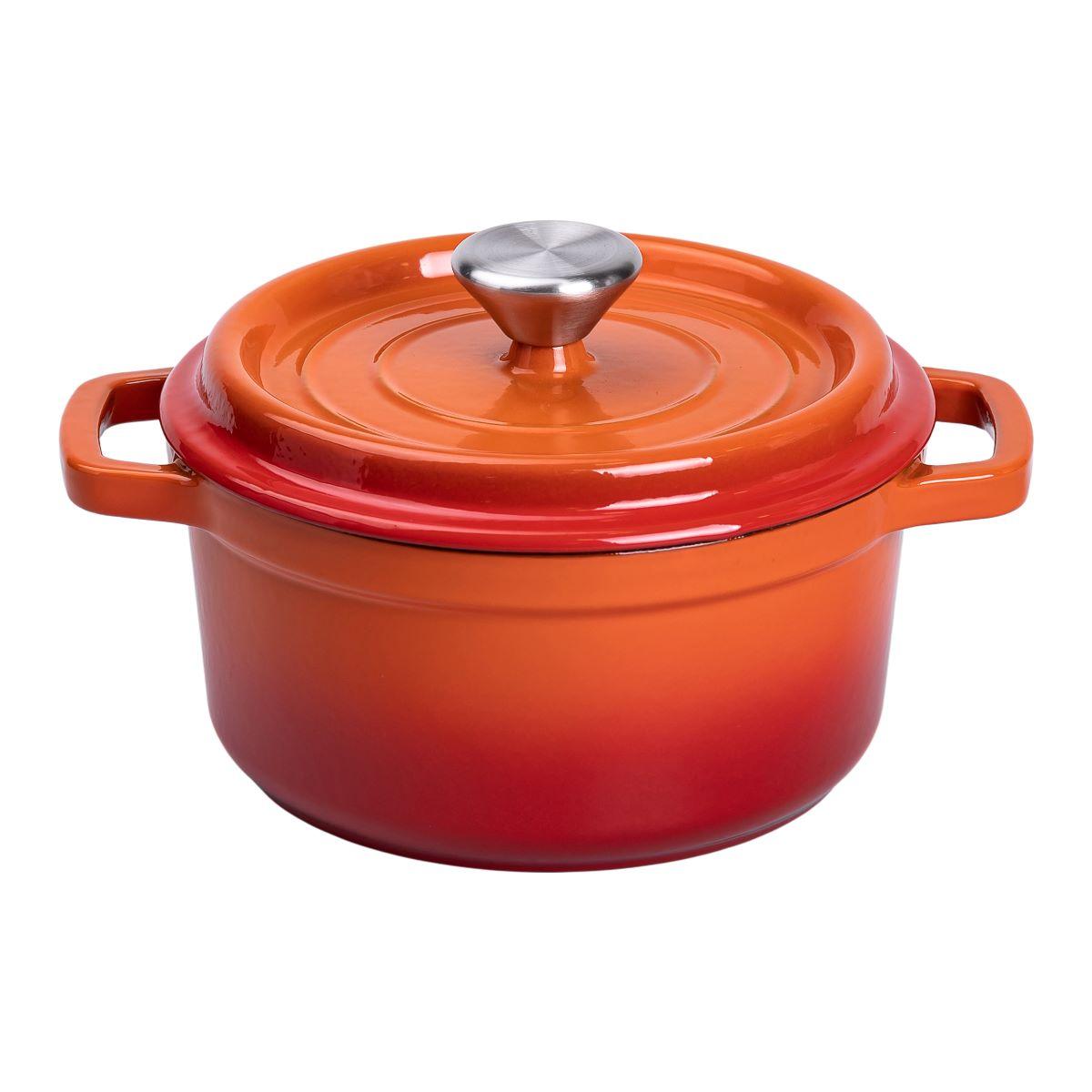 Каструля чавунна емальована 2 л з кришкою Ø20 см Помаранчева HP-1-2O, фото 1
