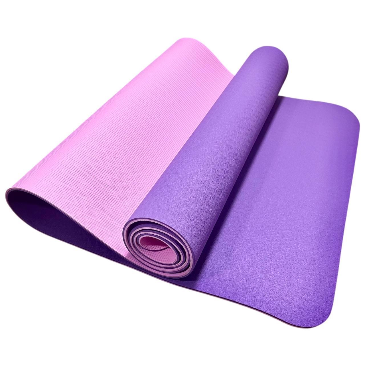 Преміум йога мат 1830×610×6 мм, не ковзаючий двошаровий килимок для фітнесу, TPE-ТС, фіолетовий верх/рожевий низ