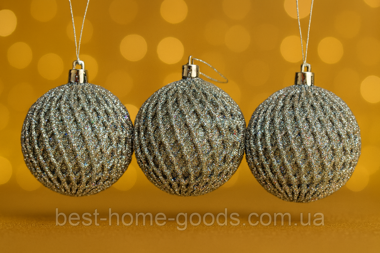 Ялинкові кулі «Сітка» золоті з глітером 8 см | набір 6 шт. | новорічні прикраси | іграшки для ялинки | 8 варіантів кольору Срібний, фото 1