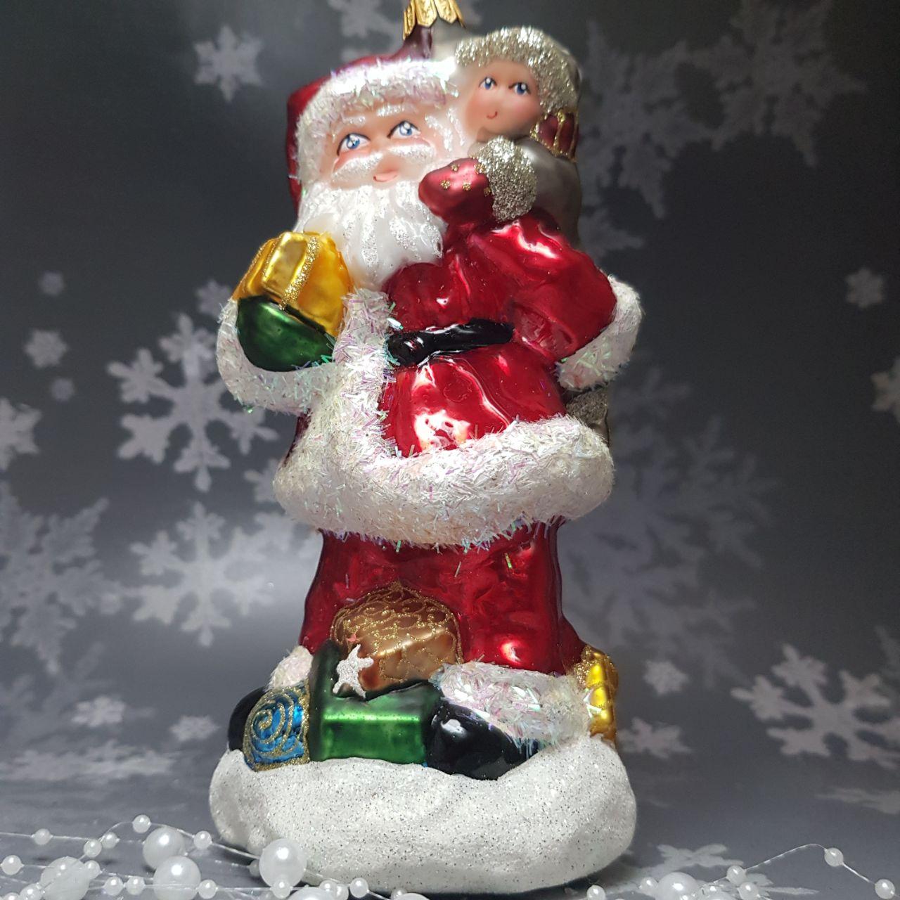 Скляна ялинкова іграшка Різдвяна скляна прикраса: Дідусь Мороз із Дитиною Snegka Poland