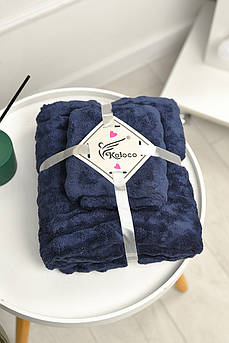 Набір однотонних рушників із мікрофібри банне+для обличчя темно-синього кольору 208894M