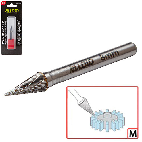 Alloid Pro. Борфреза твердосплавна для металу, тип M, D-8 мм, d-6 мм, L-65 мм, фото 1