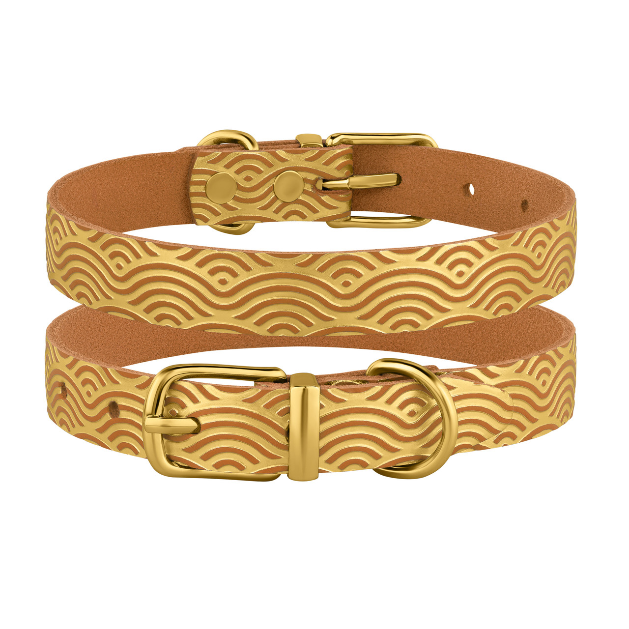 Нашийник для Собак шкіряний Classic одинарний з золотим тисненням Хвиля Гірчиця XS, фото 1