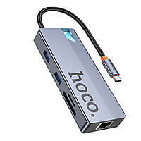 Хаб USB Hoco HB52 Type-C 8-in-1 (HDTV+RJ45-100Mbps+SD/TF+PD+Type-C3.0+USB3.0*2) Сірий