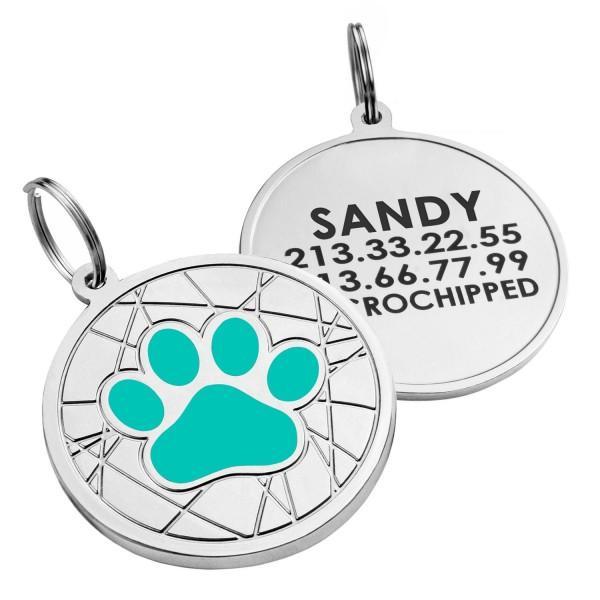 Емальований Адресник для Собак BronzeDog Лапка на Фоні Об'ємної Павутинки Бірюзовий S, фото 1