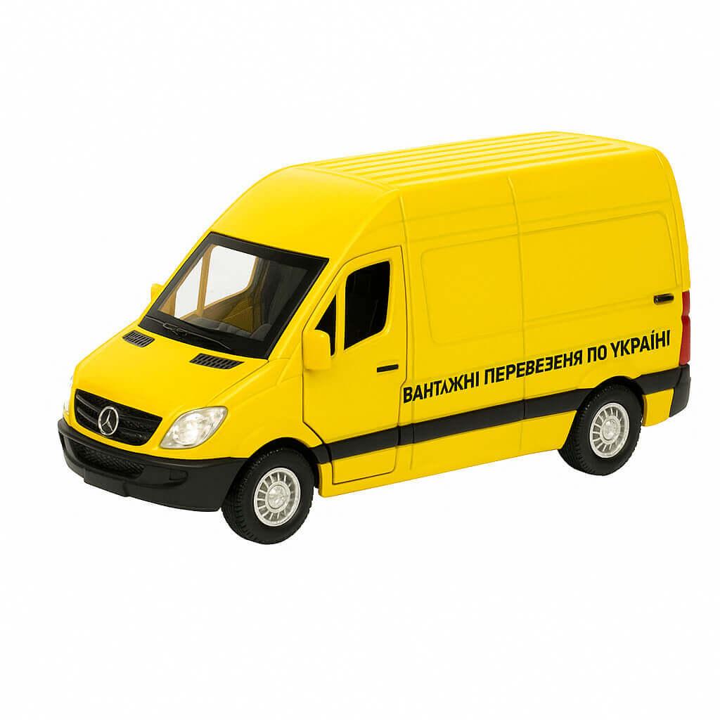 Машинка металева Автопром Mercedes-Benz Sprinter 906 жовтий — інерційний фургон зі світлом і звуком, 13 см, фото 1
