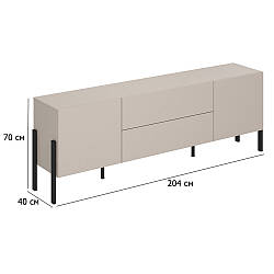Тумба під ТВ без ручок Jukon 204 см кашемір з дверцятами та шухлядами на чорних металевих ніжках