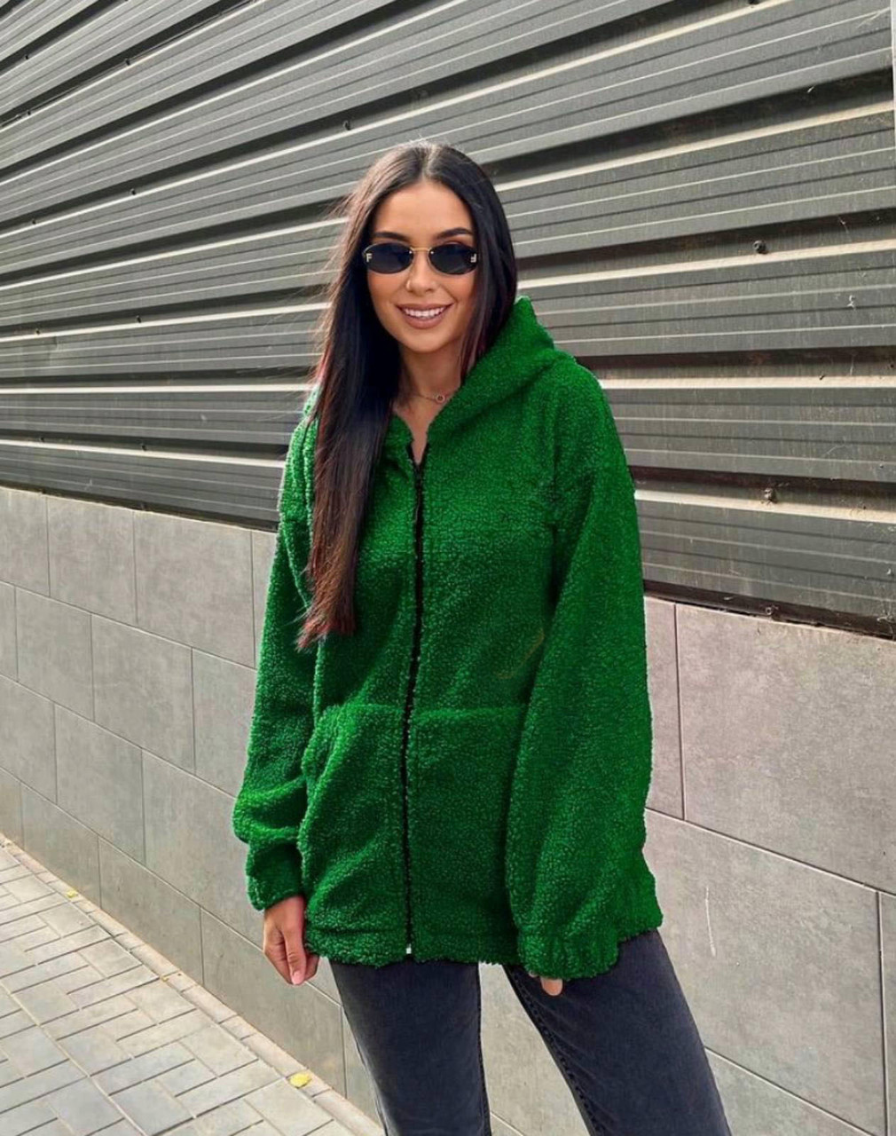 Тепла жіноча кофта, зелене худі з плюшу Тедді, фото 1