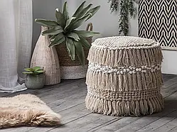 Пуф NOIDA, бавовна, бежевий — зручний пуф у стилі бохо з китицями