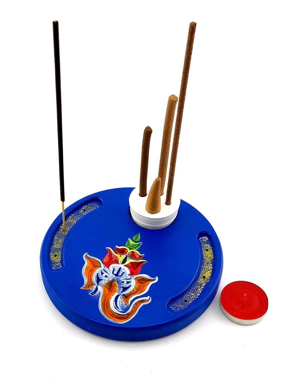 Підставка під благовоння синя "Ганеша" (d14смh1,8см) дерево ,різна покрита емалем і лаком.