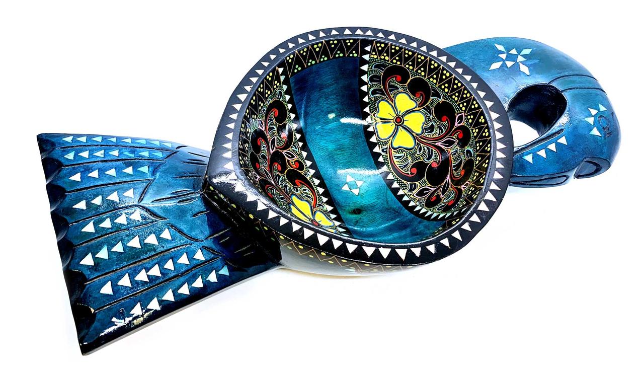 Братина "Птах" із цільного дерева інкрустована перламутром (34х16,5х6 см)G