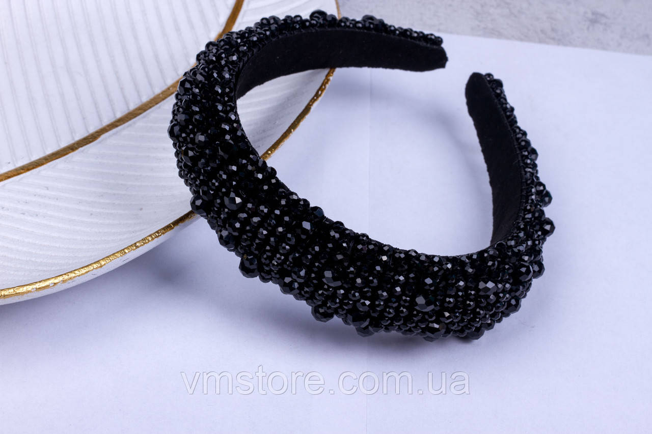 Обруч для волосся чорний з кришталевими намистинами, широкий об'ємний обруч, фото 1