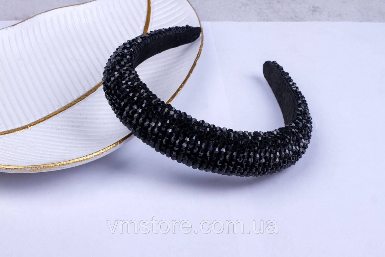 Обруч для волосся чорний з кришталевими намистинами, фото 1