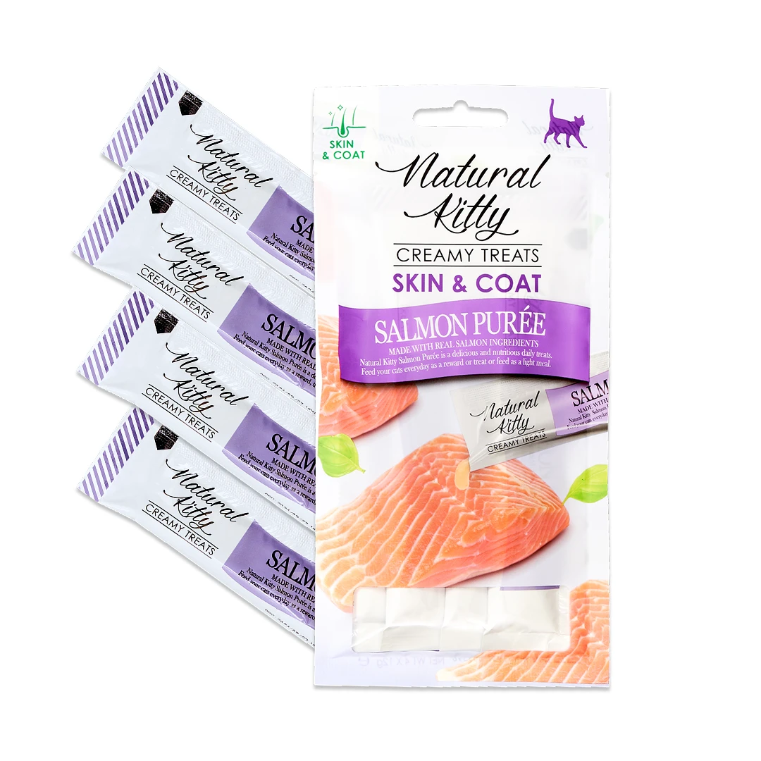 Крем-снек для кішок Natural Kitty Fuctional Creamy Treat Salmon Puree Skin&Coat пюре з лосося (для шкіри та шерсті) 4 х 12 г