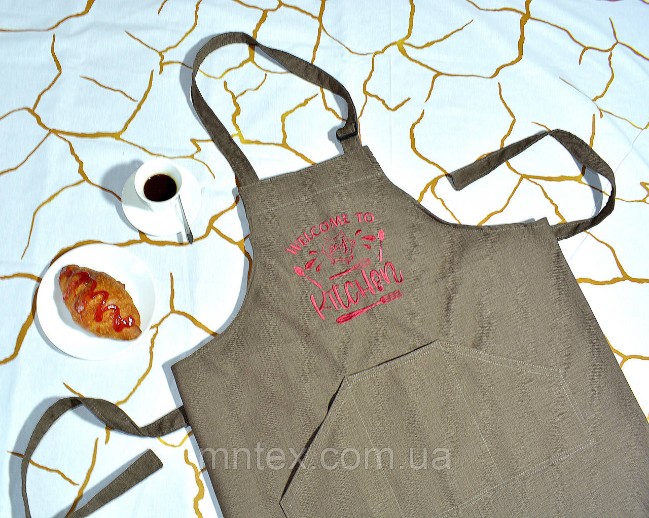 Фартух рогожка з вишивкою Welcome to my kitchen, Какао/Фуксія