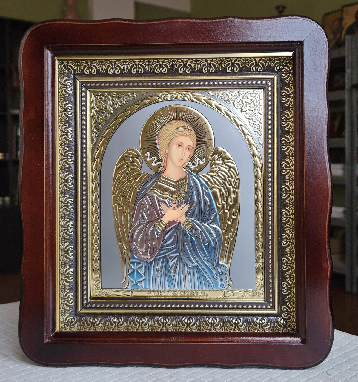 Ікона Святий Ангел Охоронець для дому в темному дерев'яному кіоті під склом, розмір кіота 26*23, сюжет 15*18., фото 1