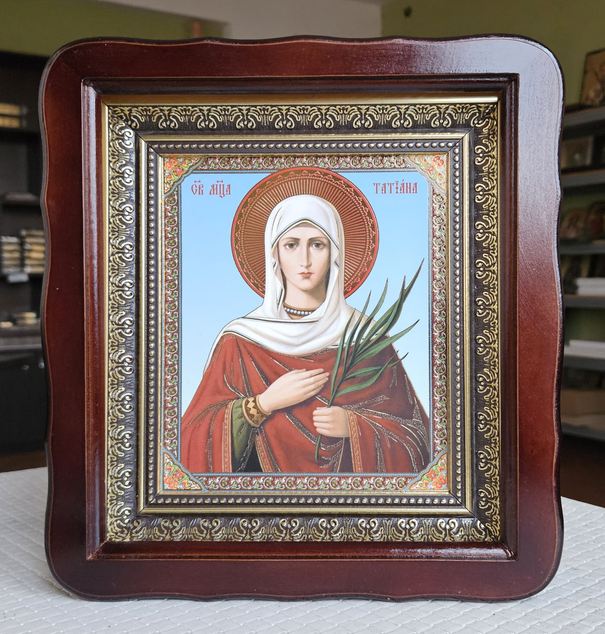 Ікона Свята Тетяна в темному дерев'яному кіоті під склом, розмір кіота 26*23, сюжет 15*18., фото 1