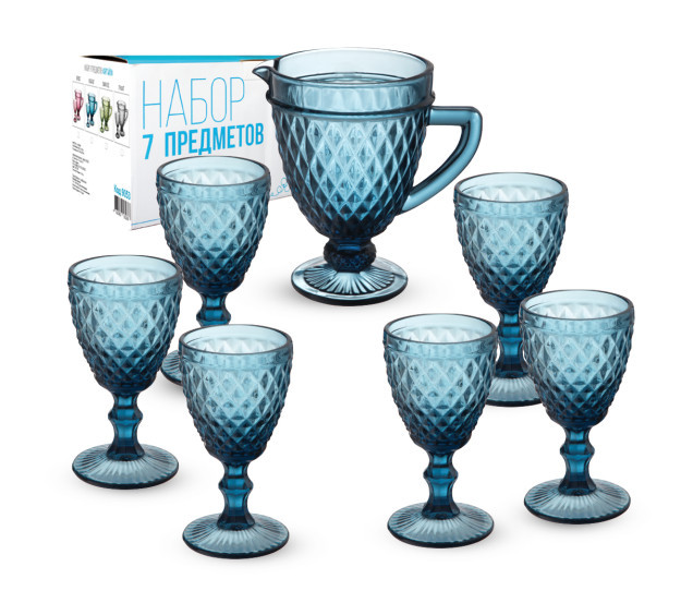 Глечик 1,1л Elodia Вінтаж із келихами 6 шт. по 340 мл синій