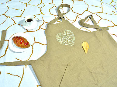 Фартух рогожка з вишивкою Серце кухні, Гірчичний/М'ята