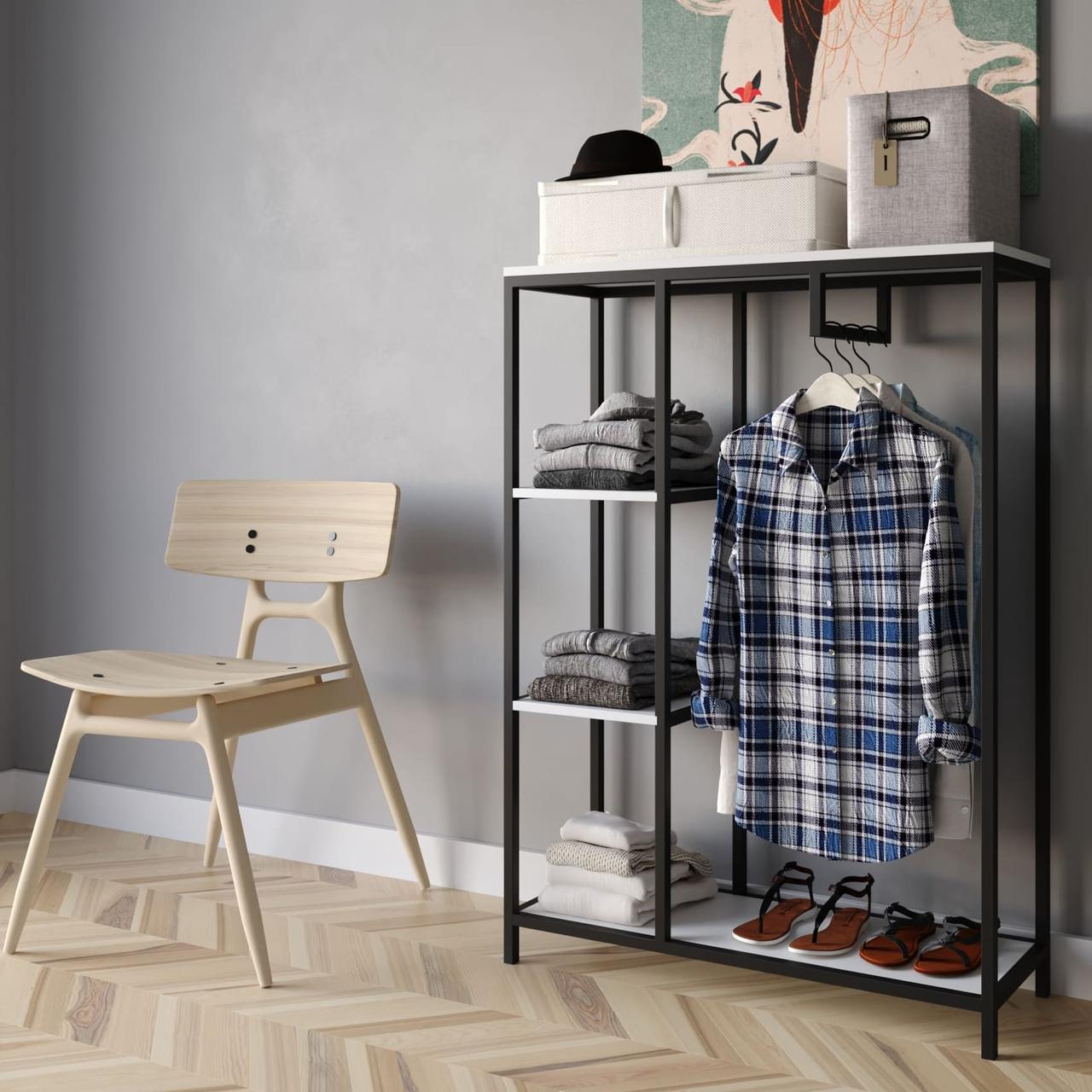 Loft стелаж для передпокою з 4 полицями і штангою Гардеробні стійки з ЛДСП і металу, фото 1