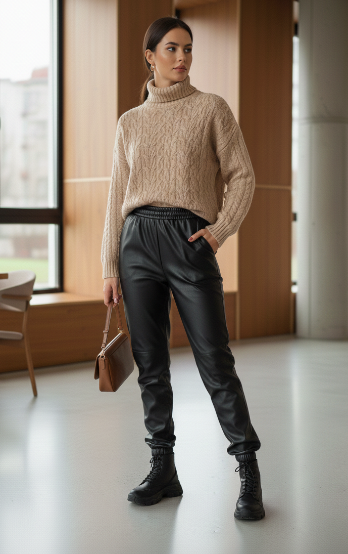 Жіночі теплі джогери з еко-шкіри на велюрі чорні 42–44, 46–48, 50–52, 54–56, фото 1