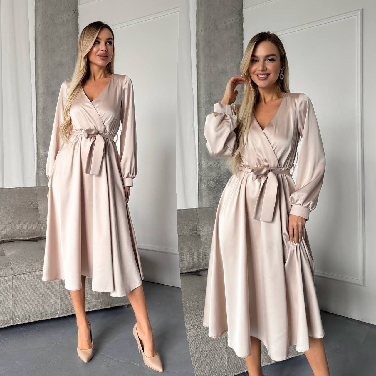 Бежева вечірня сукня міді на запах з подвійного шовку. V-подібний виріз., фото 1