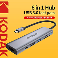 USB Type-C Перехідник Kodak Хаб концентратор 6 в 1 HDMI SD TF для Windows Android OTG Macbook
