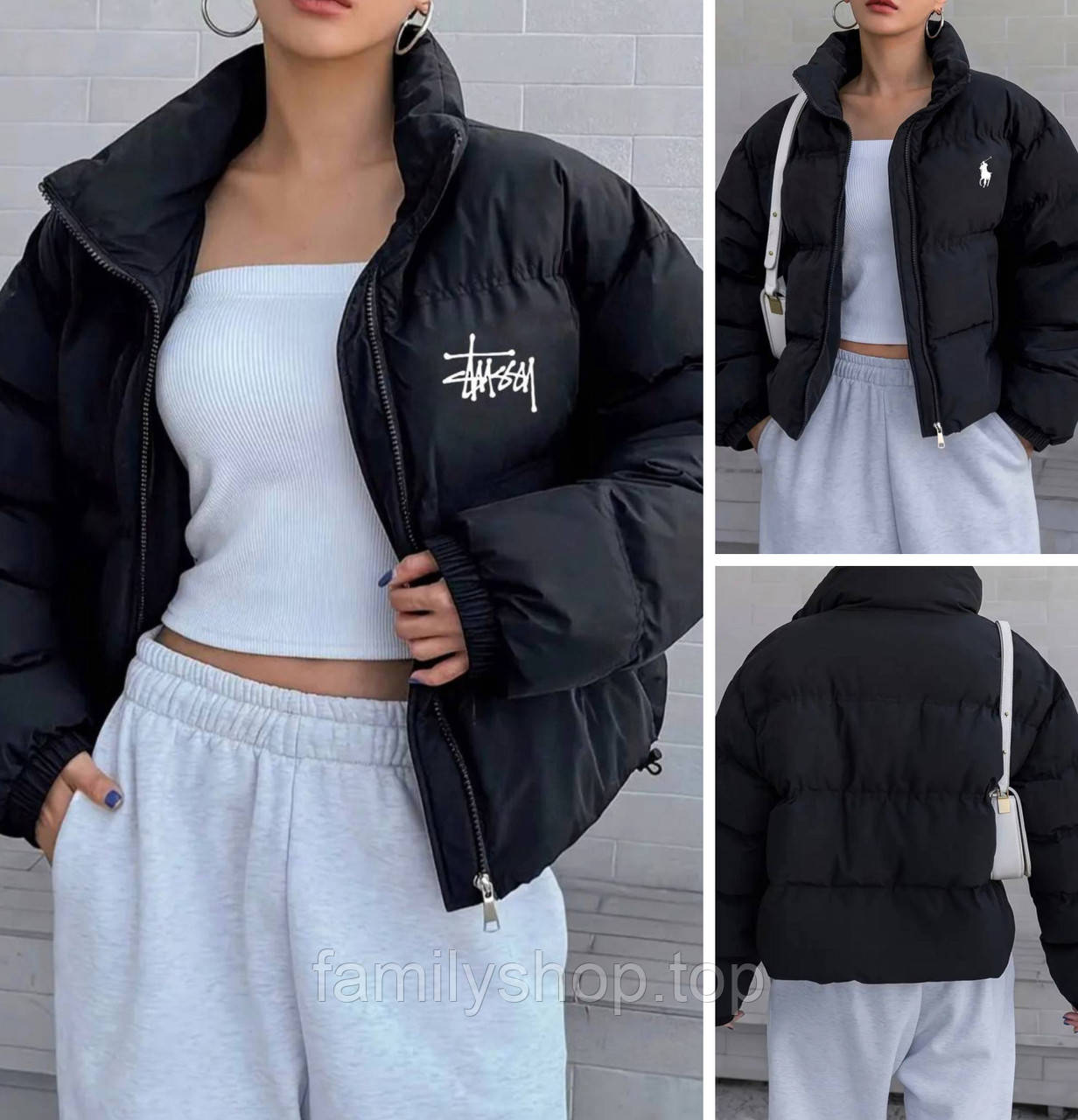 Тепла коротка жіноча куртка стьобана на блискавці із затяжками без капюшона чорна, фото 1