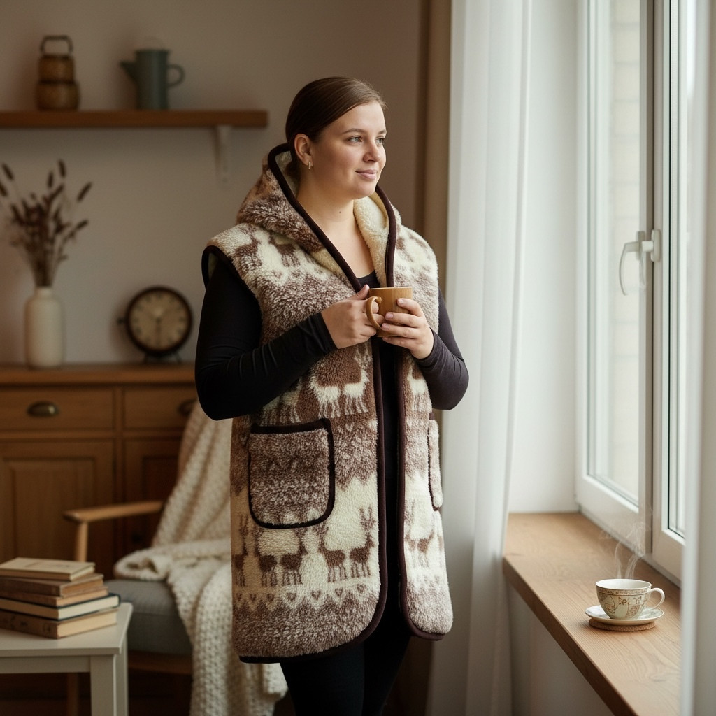 014 Безрукавка подовжена на овчині з капюшоном M, фото 1