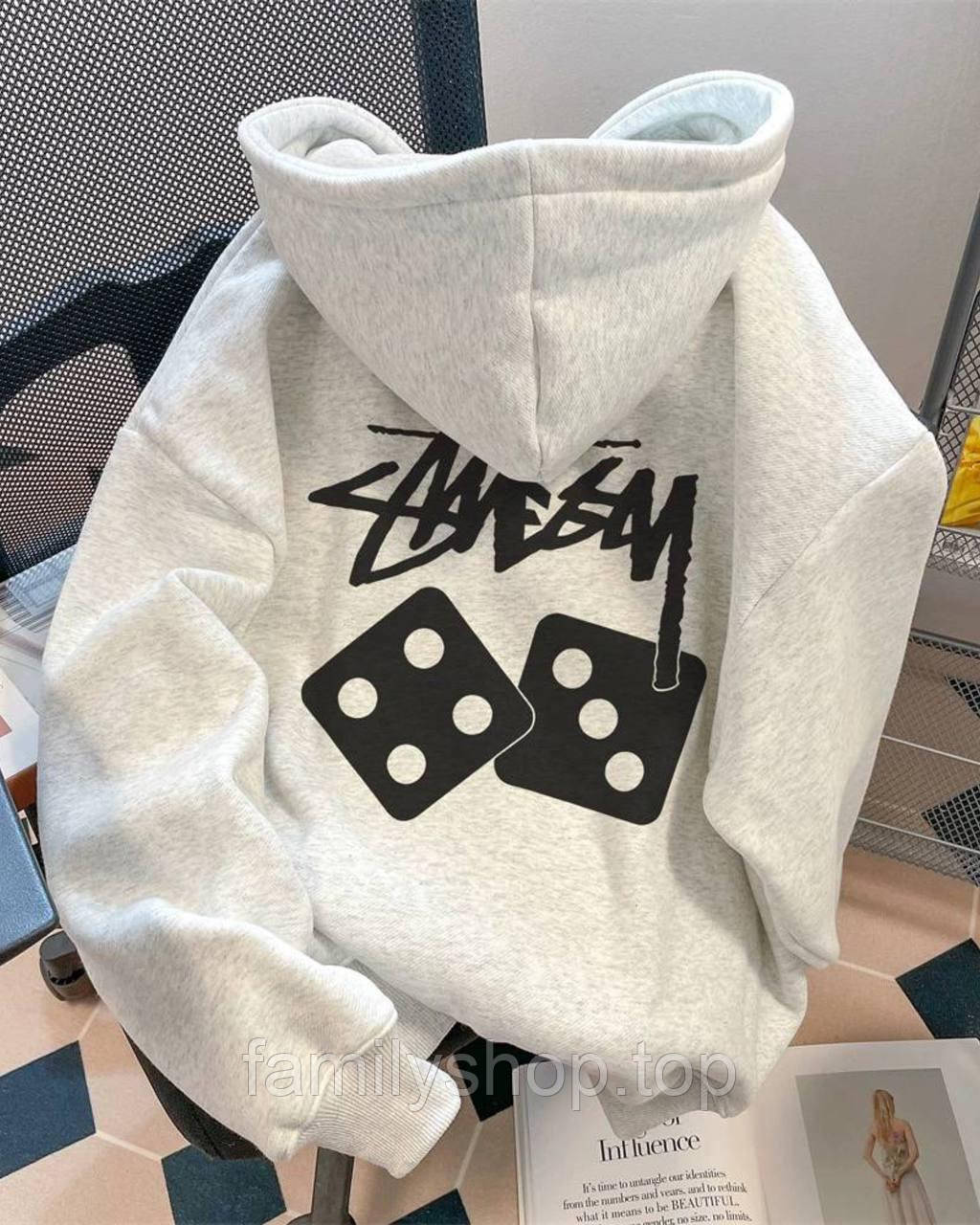 Тепле жіноче худі оверсайз на флісі з принтом на спині об'ємне з капюшоном, фото 1