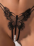 Трусики стрінги метелик мереживні з намистинами та доступом M/L чорні, фото 4