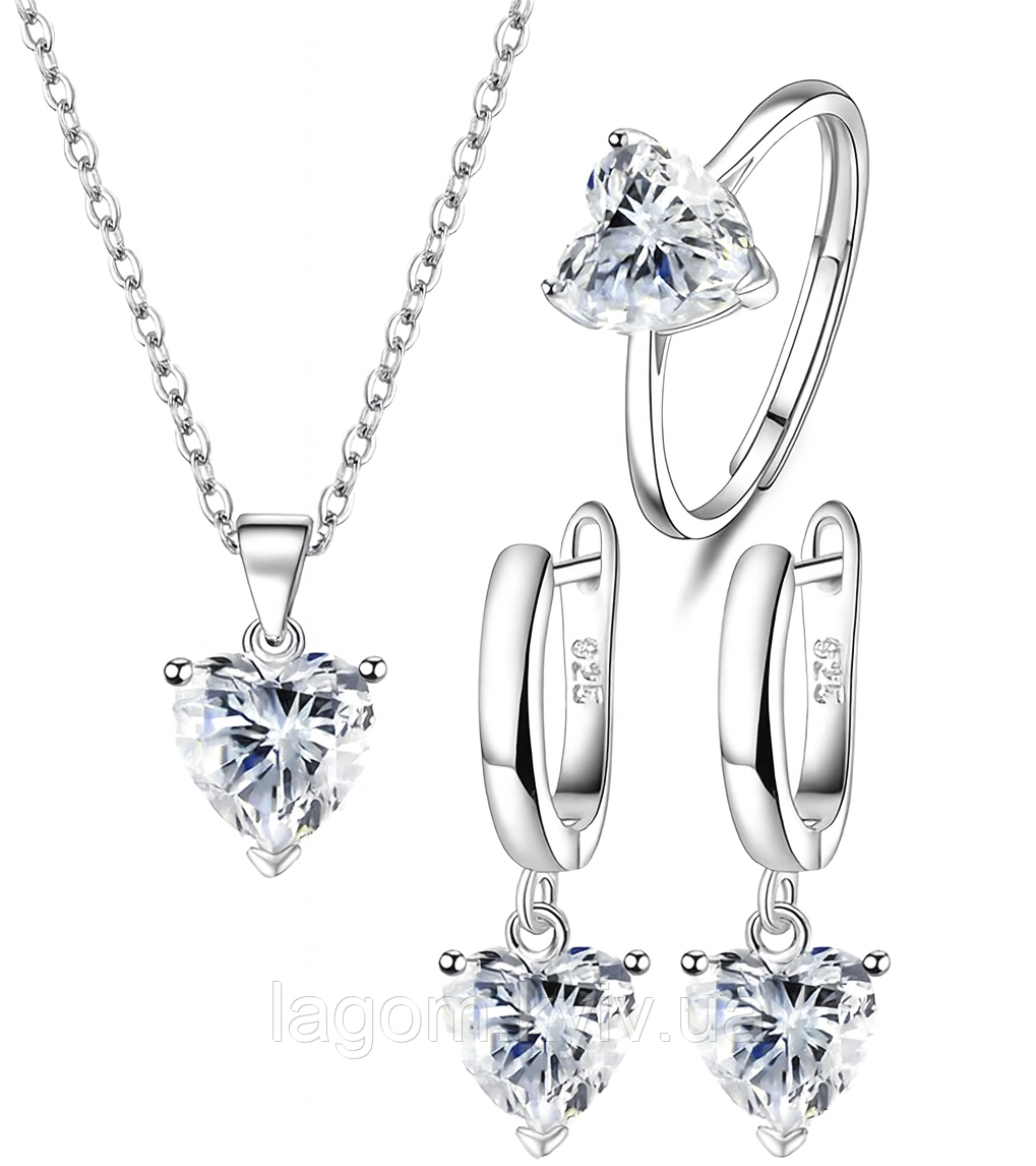Комплект срібних прикрас з кришталевим сердечком 🤍 925 проба Crystal Heart Set сережки, каблучка, підвіска і ланцюжок, фото 1