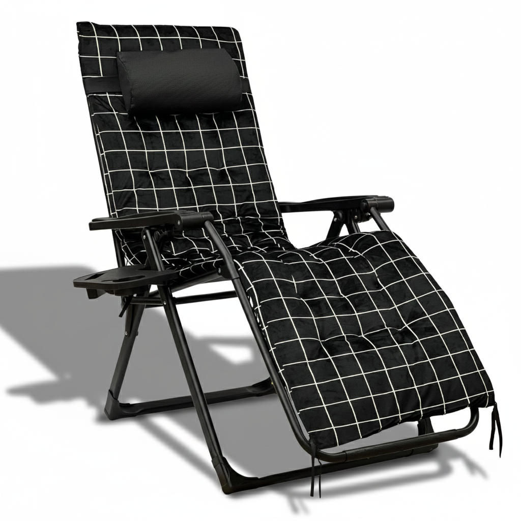 Крісло шезлонг розкладне Leobro Zero Gravity до 150 кг з велюровим матрацом, чорний/клітинка, фото 1