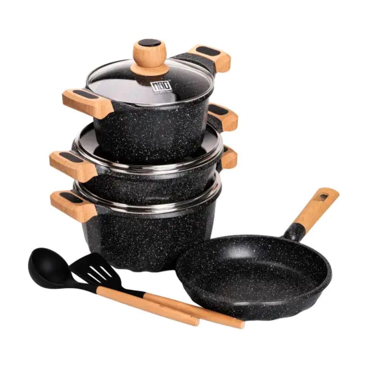 Набір посуду, 3 каструлі, з товстодонною алюмінієвою лопаткою та ополоником MGC, чорний HP-4-401B, фото 1