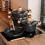 Набір посуду, 3 каструлі, з товстодонною алюмінієвою лопаткою та ополоником MGC, чорний HP-4-401B, фото 6