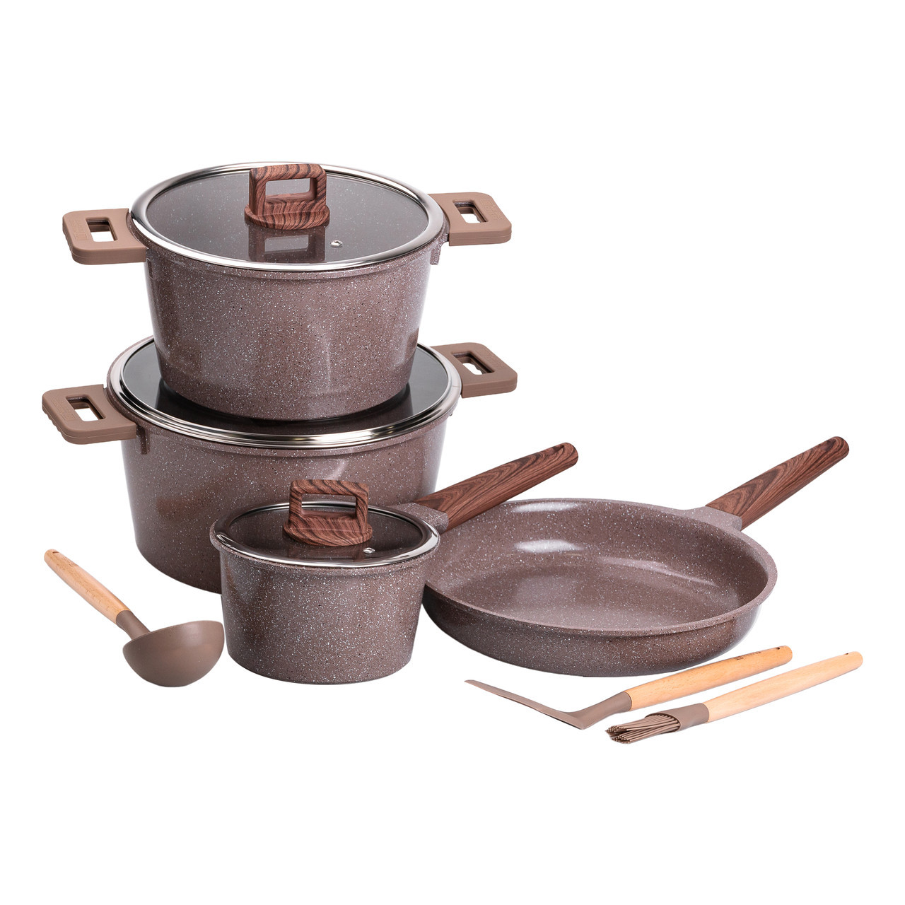 Набір посуду алюміній з товстим дном MGC з лопаткою, ополоником і пензликом кавовий HP-4-406CO, фото 1