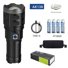 Ліхтар AK138 WHITE LASER LED PM60-TG, 4х18650, power bank, індикація заряду, ЗП Type-C, zoom, Box