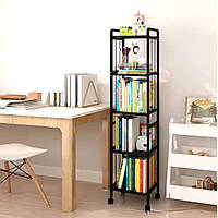 Стелаж полиця підлогова на 5 ярусів, пересувна на колесах металева колір чорний розмір 33х25х141 см 4984678