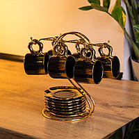 Набір чашок для кави на металевій підставці 6 (шт) по 100 (мл) Чорний з золотом FM-47