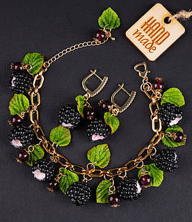 Браслет і сережки " Ожина1" авторська робота з полімерної глини.