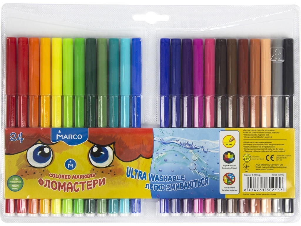 Фломастери 24 кольори Super Washable, Marco 1690-24 FM