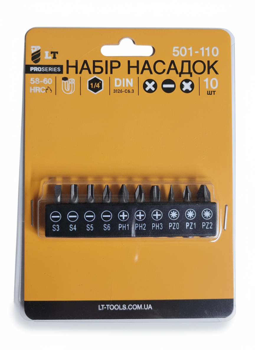 Набір біт насадок 10 шт 25 мм (S3, S4, S5, S6, PH0, PH1, PH2, PZ0, PZ1, PZ2), фото 1