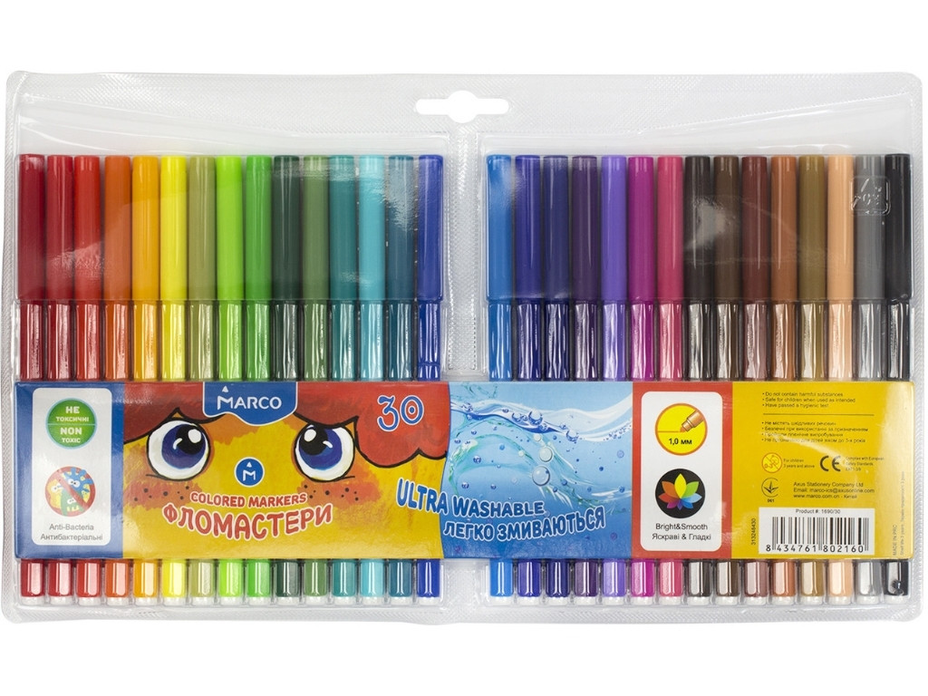 Фломастери 30 кольорів, на водній основі Super Washable, Marco 1690-30 FM