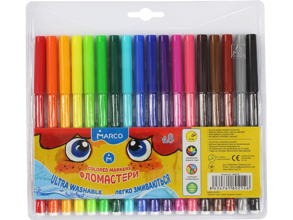 Фломастери 18 кольорів Super Washable, Marco 1690-18 FM
