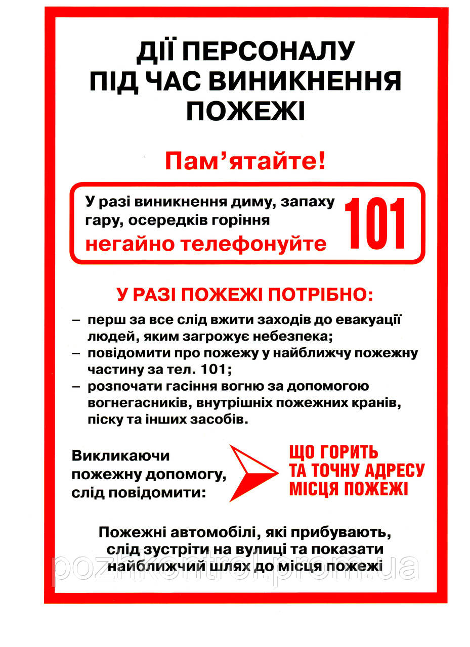 Наклейка "Дії персоналу під час винекнення пожежі"
