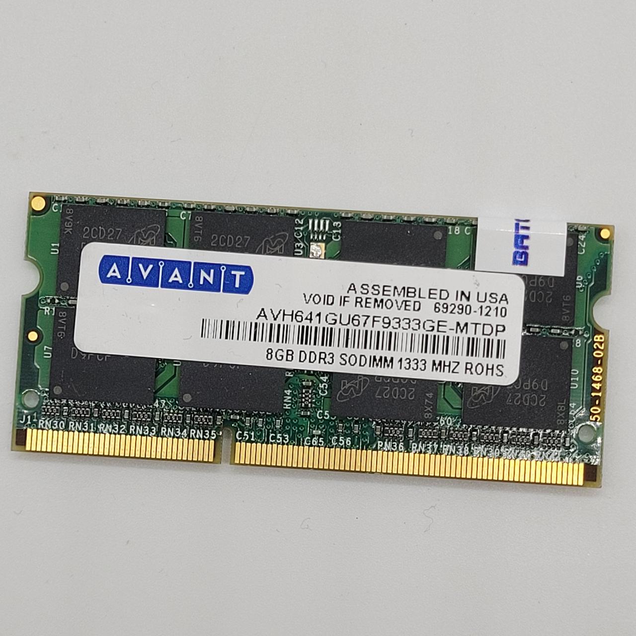 Оперативна пам'ять для ноутбука Avant SODIMM DDR3 8Gb 1333MHz PC3-10600S 2R8 CL9 (AVH641GU67F9333GE-MTDP) Б/В