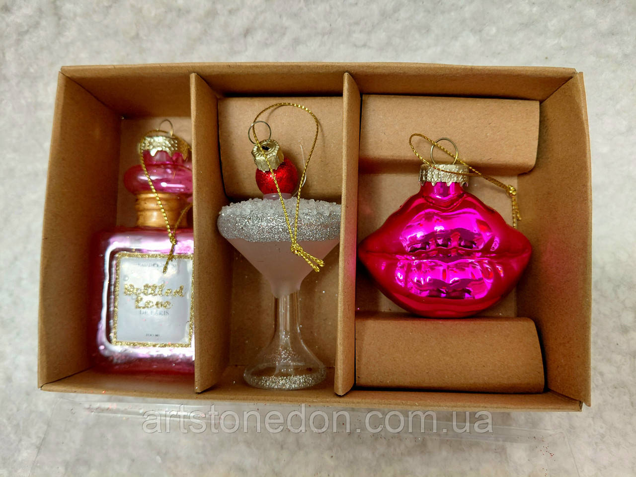 Набір ялинкових прикрас, скло, 8 см — стильний рожевий сет (3 шт.), фото 1
