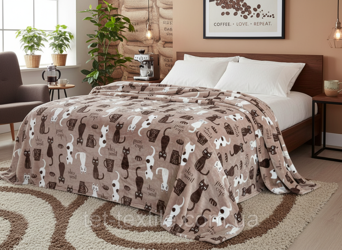 Плед з мікрофібри Велсофт Котики та кава 220х240 см