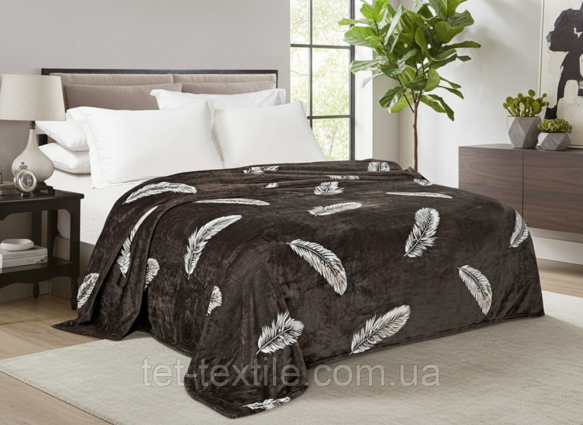 Плед з мікрофібри Велсофт Біле пір'я на коричневому фоні 160х210 см